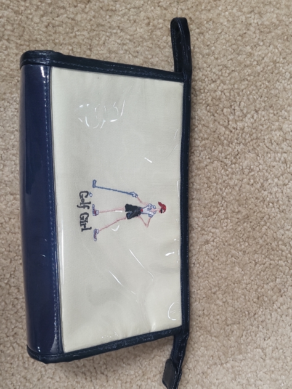 Golf Girl Navy & Cream Wristlet Pouch Canvad W Plastic Lining Wipeable Like New - Picture 3 of 9